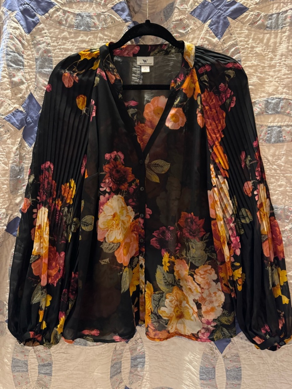 Worthington Black Floral Sheer Button-Front Blouse